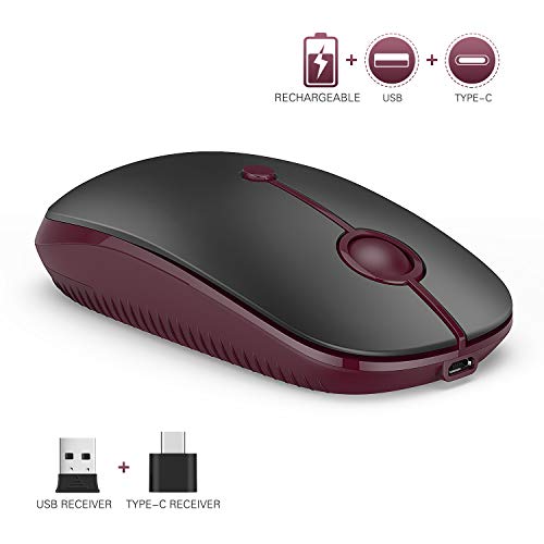 Product Cover Type C Wireless Mouse, Vssoplor Dual Mode 2.4G Wireless Mouse USB C Cordless Mice with Nano USB and Type C Receiver Compatible with PC, Laptop, MacBook and All Type C Devices-Black and Wine Red