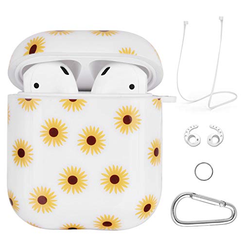 Product Cover Airpods Case - VIGOSS 4 in 1 Airpod Case Cover Glossy Airpods Accessories Shockproof Protective Set Skin Compatible with Apple Airpods 2 and 1 Hard Case Sunflower