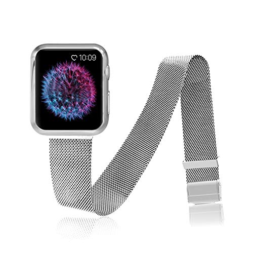 Product Cover Hterepi Compatible with Apple Watch Band with Protective Case 38mm 40mm 42mm 44mm, Colorful Stainless Steel Sport Wristband with Soft Case Cover Compatible for iWatch Series 5/4/3/2/1 (Silver, 38)
