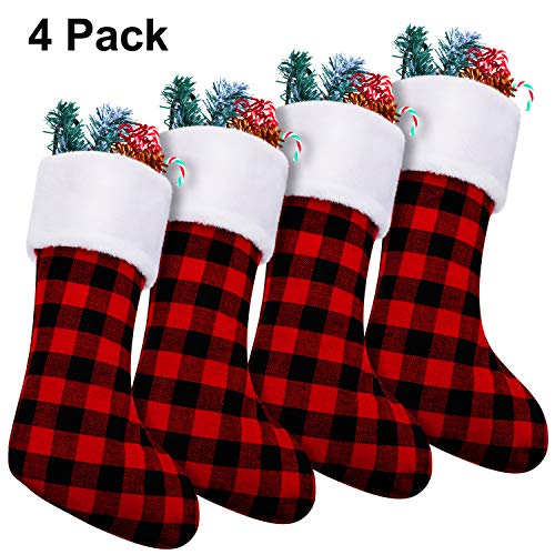 Product Cover 4 Pieces 18 Inch Christmas Stockings Red and Black Plaid Stocking Faux Fur Cuff Stocking Fireplace Hanging Stockings for Family Holiday Xmas Party Decorations