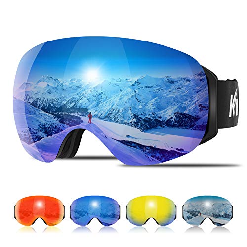 Product Cover KUYOU Ski Goggles Men Women, Large Spherical Frameless Snow Goggles Interchangeable Lens OTG Double Lens Snowboard Goggles Anti-Fog Shatterproof 90°Bendable UV400 Protection