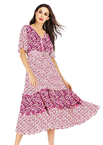 Product Cover R.Vivimos Women's Short Sleeve V Neck Cotton Beach Floral Buttons Midi Dresses
