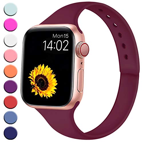 Product Cover R-fun Slim Bands Compatible with Apple Watch Band 40mm Series 5/4 38mm Series 3/2/1, Soft Silicone Sport Strap Wristband for Women Men Kids with iWatch, Wine Red