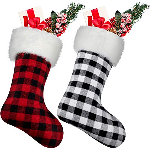 Product Cover Jovitec 20 Inch Christmas Stockings Fireplace Hanging Stockings Cozy Faux Fur Stocking Plaid Stocking for Christmas Decoration (Color 2, 2 Pieces)