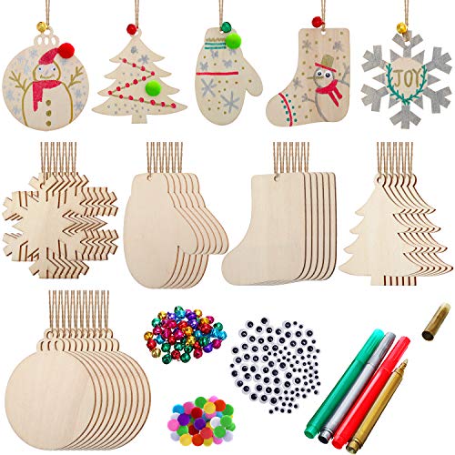 Product Cover 254 Pieces Christmas Unfinished Ornament Set Christmas Craft Wooden Christmas Tree Ornament with Blank Wood Slices Jingle Bells, Pom Poms Wiggle Eyes and 4 Pieces Marking Pens for DIY Christmas Decor