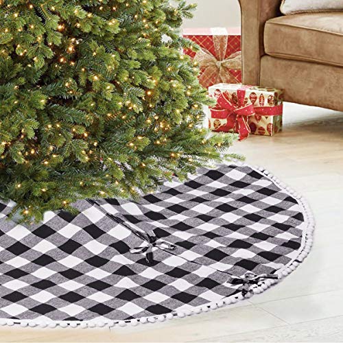 Product Cover SevenFish 48 inch Buffalo Plaid Christmas Tree Skirt Black and White Buffalo Check Tree Skirt with Pom Pom for Christmas Decorations