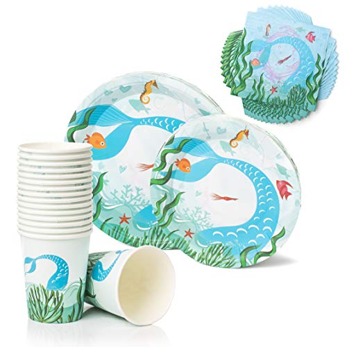 Product Cover AllQuail Mermaid Birthday Party Supplies: Plate, Cup, and Napkin, Serves up to 16 People, Table Decorations for Little Girls