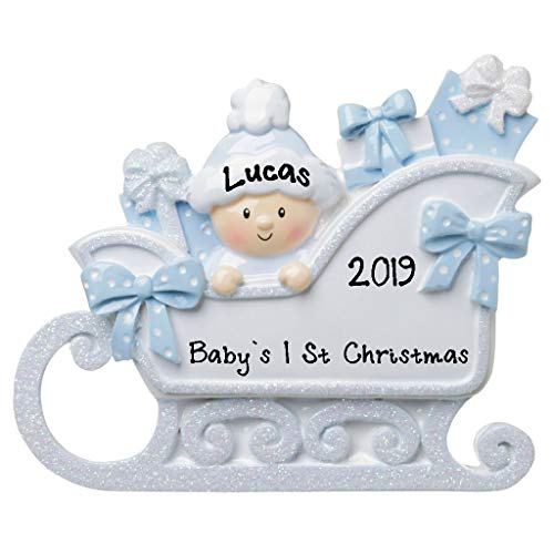 Product Cover Hobby Home Accessories 2019 New Baby in Sleigh Personalized Baby`s First Christmas Hanging Tree Ornament New Born Baby Gift-Free Personalized (Blue)