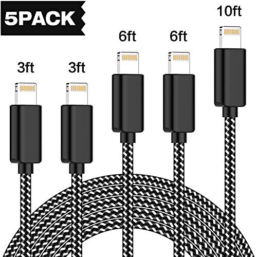 Product Cover KRISLOG MFi Certified iPhone Charger, Lightning Cable 5Pack-3/3/6/6/10ft Durable High Spped Nylon Braided USB Fast Charging&Syncing Cord Compatible iPhone Xs MAX XR 8 8 Plus 7 7 Plus 6s 6s Plus More