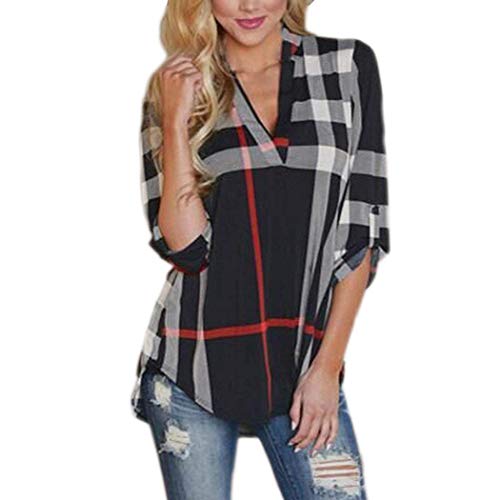 Product Cover UpBeauty Women Casual Blouses 2/3 Sleeve Plaid Shirt V-Neck Loose Tunic Pullover Tops