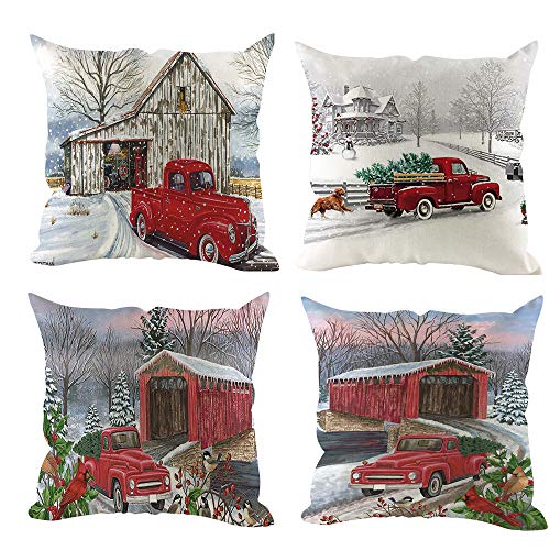 Product Cover Gooldu 4 Pack Red Truck with Tree Pattern Throw Pillows Covers for Christmas Decorations Farmhouse Zipperd Cushion Case Pillowcase (A)