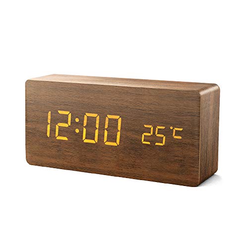 Product Cover HJSen Digital Alarm Clock, LED Clocks with Display Temperature, 3 Alarm Settings, 3 Adjustable Brightness, Voice Control, Wood Alarm Clocks for Bedrooms, Brown