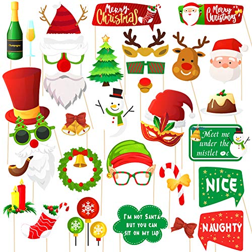 Product Cover Christmas Photo Booth Props 34pc Artist Rendered Christmas Games for Party Supplies DIY Funny Xmas Selfei Props Accessories for Christmas Theme Party Favors Decorations Decor Supplies with Sticks