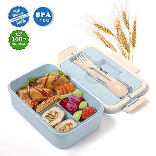 Product Cover Bento Lunch Box For Kids & Adults With 3 Compartment, Leakproof Lunch Containers With Spoon & Fork Microwave Dishwasher Safe, BPA Free Meal Box With Handle, Wheat Fiber Blue