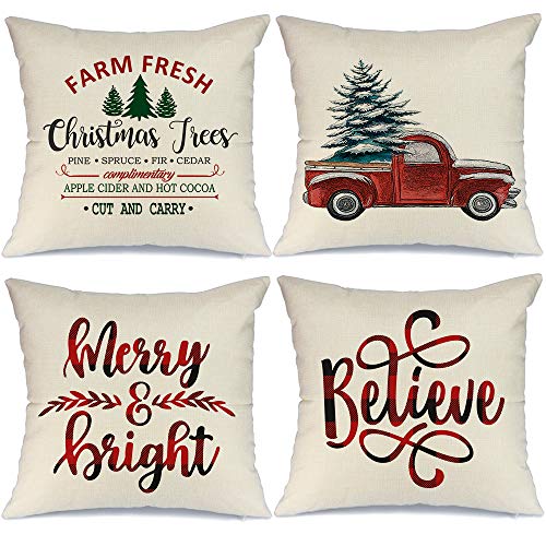 Product Cover AENEY Farmhouse Christmas Pillow Covers 18x18 Set of 4 for Christmas Decor Red Truck Buffalo Check Throw Pillows Black and Red Buffalo Plaid Christmas Decorations Throw Pillow Covers