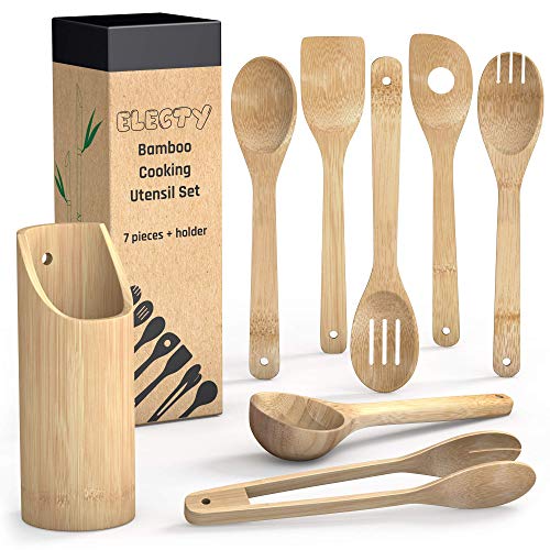 Product Cover 8pc Set - Bamboo Wooden Spoons for Cooking with Ladle, Tongs and Holder