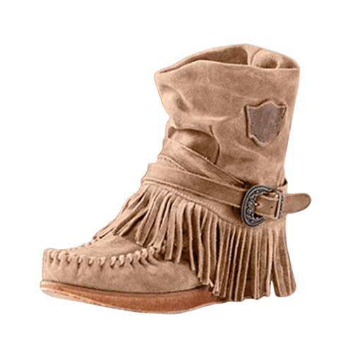 Product Cover Sunggoko Women's Fashion Casual Round Toe Rome Retro Fringe Short Ankle Boots Flat Shoes Tassel Booties Rome Short Boots