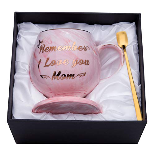 Product Cover Oyiyou Moms Mug Gifts - Mother's Day Gifts Birthday Gifts from Daughter Son - Remember I Love You Mom - Pink Marble Ceramic Coffee Cup 14oz and Coasters