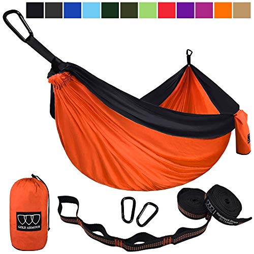 Product Cover Gold Armour Camping Hammock - USA Brand Single Parachute Hammock (2 Tree Straps 10 Loops/20 ft Included) Lightweight Nylon Portable Adult Kids Best Accessories Gear (Orange and Black)