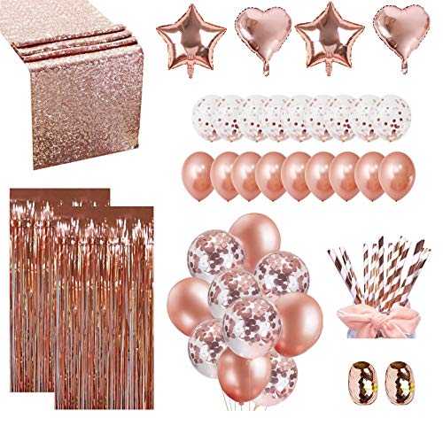 Product Cover Luxomi Rose Gold Party Decorations Supplies 52 Pack - 18 inch Foil Balloons, Confetti Balloons, Sequin Table Runner, Fringe Curtain and Paper Straws for Bachelorette, Bridal Shower or Birthday Party