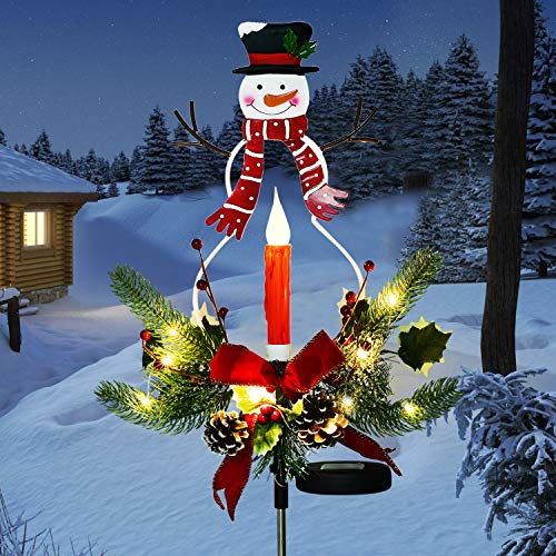 Product Cover Doingart Outdoor Solar Christmas Light Decorations, LED Candle, Snowman Christmas Light with Faux Pine Cones, Foliage Accents Garden Decorative Stake