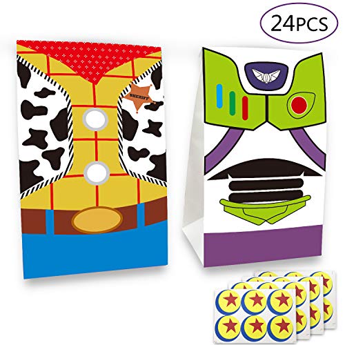 Product Cover 24 pcs Toy Inspired Story Birthday Party Supplies Favor Goodie Gift Bags, Including Woody and Buzz Lightyear 2 Patterns for Kids Birthday Party Decorations