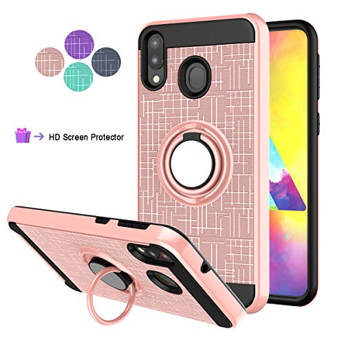 Product Cover Compatible for Samsung Galaxy M20 Phone Case,LDStars TPU & PC Heavy Duty Shockproof Protective Cover with Rotatable Ring Stand/HD Screen Protector-Rose Gold