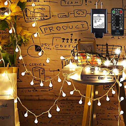 Product Cover Mikikin Globe String Lights, 49ft 100 LED Warm White Fairy String Lights Waterproof with 8 Modes, Remote & Timer, UL Listed Plug in String Light Perfect for Indoor, Outdoor, Patio, Bedroom Decoration
