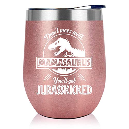 Product Cover Gifts For Mom From Daughter, Son - Mom Birthday Gifts - Funny Mom Birthday Presents From Daughter, Son, Husband - New Mom, Pregnant Mom, Wife, Best Mom - Dont Mess with Mamasaurus - 12 oz Wine Tumbler