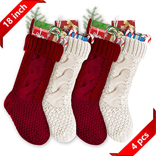 Product Cover Christmas Stockings Christmas 4 Pack 18 inches Large Size Cable Knit Stocking Christmas stockings, White Christmas Stockings & Red Christmas Stockings Decorations for Family Holiday Season Decor