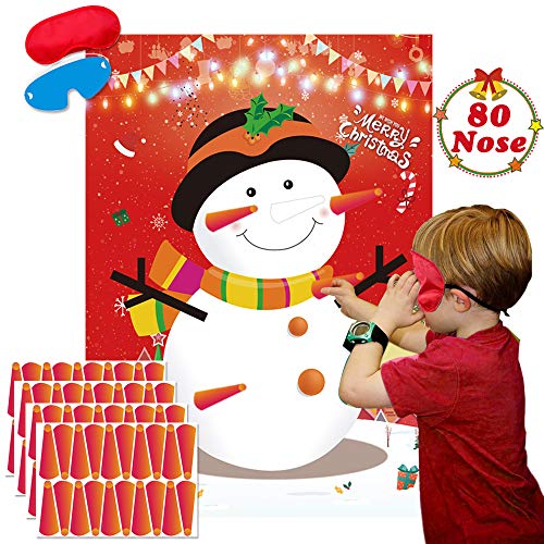 Product Cover Pin The Nose On The Snowman Games Large Christmas Snowman Games Poster for Kids Christmas Snowman Party Decorations Christmas Party Games Supplies - 80 Noses