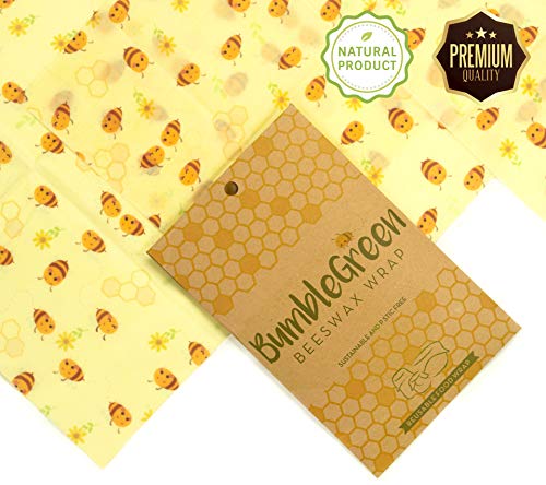 Product Cover Beeswax Food Wrap with Bumble Bee, Pack of 3 Organic Reusable Wrapper, All-Natural Biodegradable Food Grade Storage Beeswax Cloth, Eco-friendly and sustainable