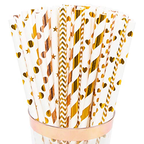 Product Cover 100pcs Premium Biodegradable Paper Straws for Juice, Cocktail, Smoothies, Party Supplies, Birthday, Wedding, Bridal/Baby Shower Decorations and Holiday Celebrations Striped Polka Dot Chevron (100)