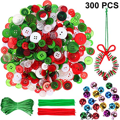 Product Cover WILLBOND Christmas Ornament Craft Kit - About 200 Pieces Colorful Christmas Buttons Xmas Resin Buttons, 50 Pieces Christmas Jingle Bell, 50 Pieces Chenille Stems Pipe Cleaners with 65.6 ft Rope