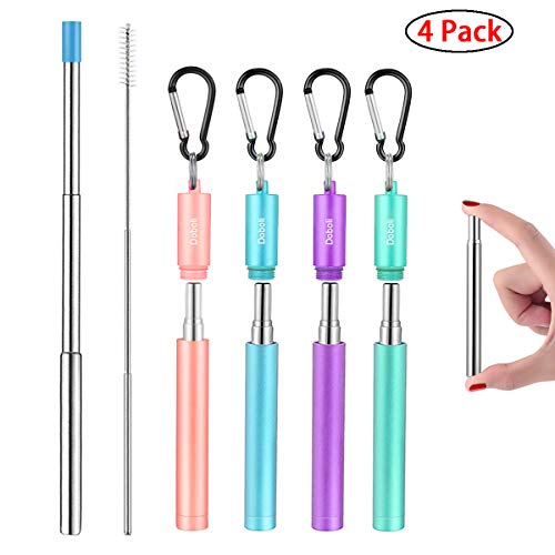 Product Cover Reusable Metal Straws Collapsible Stainless Steel Drinking Straw Portable Telescopic Straw with Case Rose Gold Turquoise Purple Light Blue 4 Pack