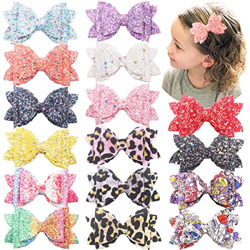 Product Cover 16PCS Glitter Hair Bows for Girls 3.5Inch Sparkly Sequin Glitter Bows Alligator Hair Clips Hair Accessories for Baby Girls Toddlers Kids Children