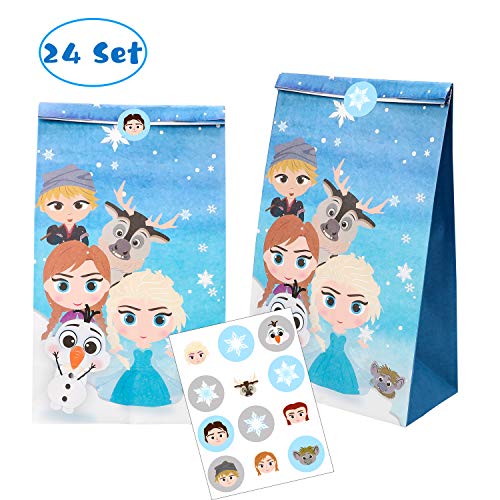 Product Cover MALLMALL6 24Pcs Frozen Candy Treat Bags Princess Theme Birthday Party Supplies Winter Snow Queen Goodie Party Favor Bags Elsa Anna Baby Shower Dessert Bags with Princess Snowflake Stickers for Kids