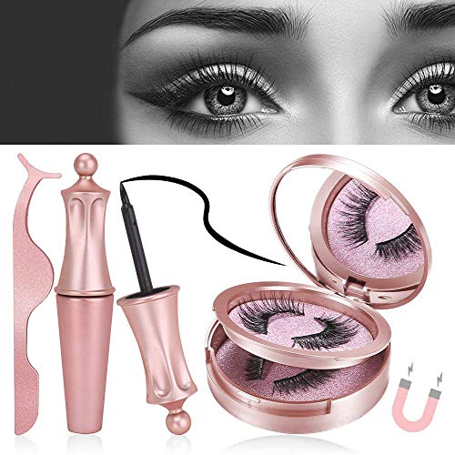 Product Cover Magnetic Eyeliner and Lashes - 2 Pairs Reusable Magnetic Eyelashes & Magnetic Eyeliner with Tweezers Kit, Magnetic Lashes No Glue Needed