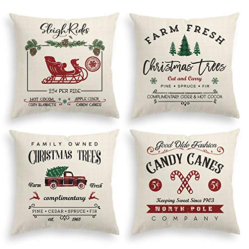 Product Cover AVOIN Christmas Throw Pillow Cover, 18 x 18 Inch Winter Holiday Rustic Farmhouse Linen Cushion Case for Sofa Couch Set of 4