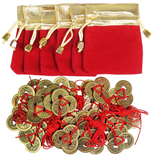 Product Cover Supla 30 Pcs Chinese 3 Brass Coins Knotted with Red Ribbon and 6 Pcs Red Gold Lucky Bags Feng Shui Coins Lucky Coins Fortune Coins for Wealth Health Success Chinese New Year Decoration