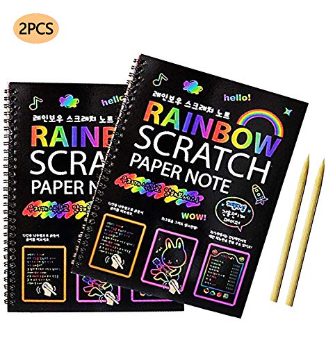 Product Cover Scratch Art books for Kids (10'7.5 ') Scratch Art Paper Large Black Magic Rainbow Painting Boards 2 Colorful Notebooks with 2 Wooden Stylus! for Ages 3-11 Years Girls or Boys