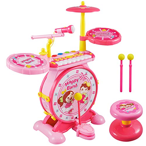 Product Cover Reditmo Toy Drum Set for Kids, with Mini Piano Keyboard, Microphone, Drum Sticks, Solid Stool, Cultivating Musical Talent, for 18M+ 2-6 Years Old Baby, Toddlers, Children, Pink