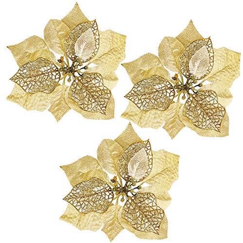 Product Cover Winlyn 20 Set Christmas Gold Glitter Poinsettia Flowers Picks Christmas Tree Ornaments for Gold Christmas Tree Wreaths Garland Holiday Seasonal Festive Navidad Decoration White Gift Box Included