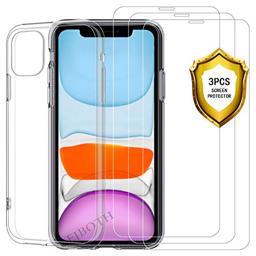 Product Cover 3 pieces of screen protective film [tempered glass] and 1 transparent protective case (for iPhone 11) [easy to apply] [ultra-thin] [no bubbles] Everything provides better protection for iPhone 11 6.1 inches 2019.