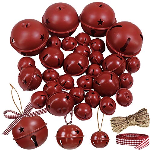 Product Cover Winlyn 30 Pcs Burgundy Jingle Bells with Star Cutouts Christmas Metal Sleigh Bells Rustic Craft Bells for Christmas Tree Wreath Garland Ornaments Holiday DIY Decorations Assorted Sizes 1.6