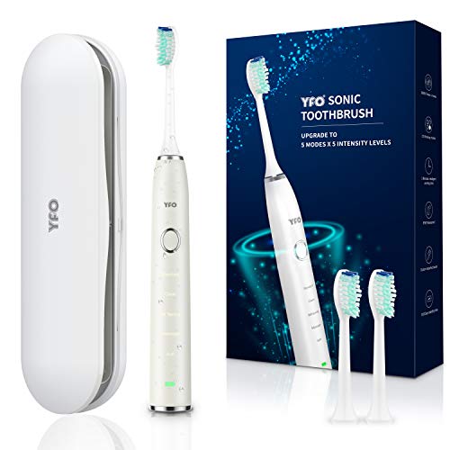 Product Cover Smart Rechargeable Power Electric Toothbrush Built-in 5 Cleaning Modes X 5 Intensity, IPX8 Fully Waterproof Electronic Sonic Toothbrushes, including Travel Case & 2 Replacement Brush Heads (White)