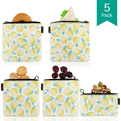 Product Cover Reusable Snack Bags & Lunch Bags & Sandwich Container - Set of 5 Pack,Moisture Resistant Interior, No More Wasted Plastic (lemon）...