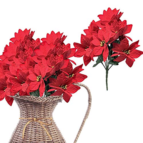 Product Cover BANBERRY DESIGNS Poinsettia Flowers Pick Set of 4- Red Poinsettias Flower Bushes- Each Approx 13 Inches Tall - Red Christmas Decorations - Decorative Floral Accessories
