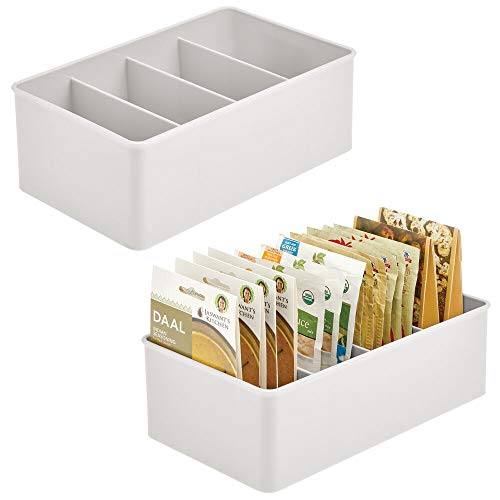 Product Cover mDesign Plastic Food Storage Organizer Bin Box - 4 Divided Sections - Holder for Seasoning Packets, Pouches, Soups, Spices, Snacks for Kitchen, Pantry, Cabinet, Refrigerator, 2 Pack - Light Gray