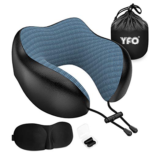 Product Cover 2020 Updated 100% Pure Memory Foam Breathable & Comfortable Travel Pillow, Luxury Leather Neck Pillow with 3D Eye Mask, Earplugs, and Portable Bag, 360 Degree Head Support for Airplanes Travel (Black)